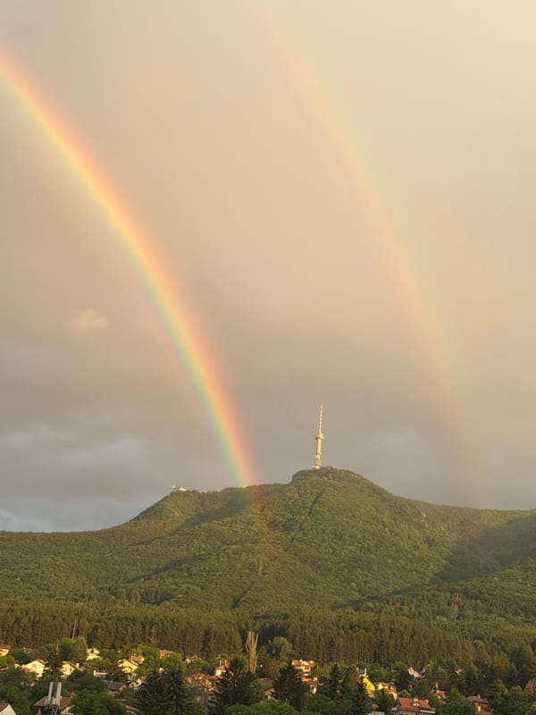 Double rainbow over Vitosha Mountain and Sofia's rooftops