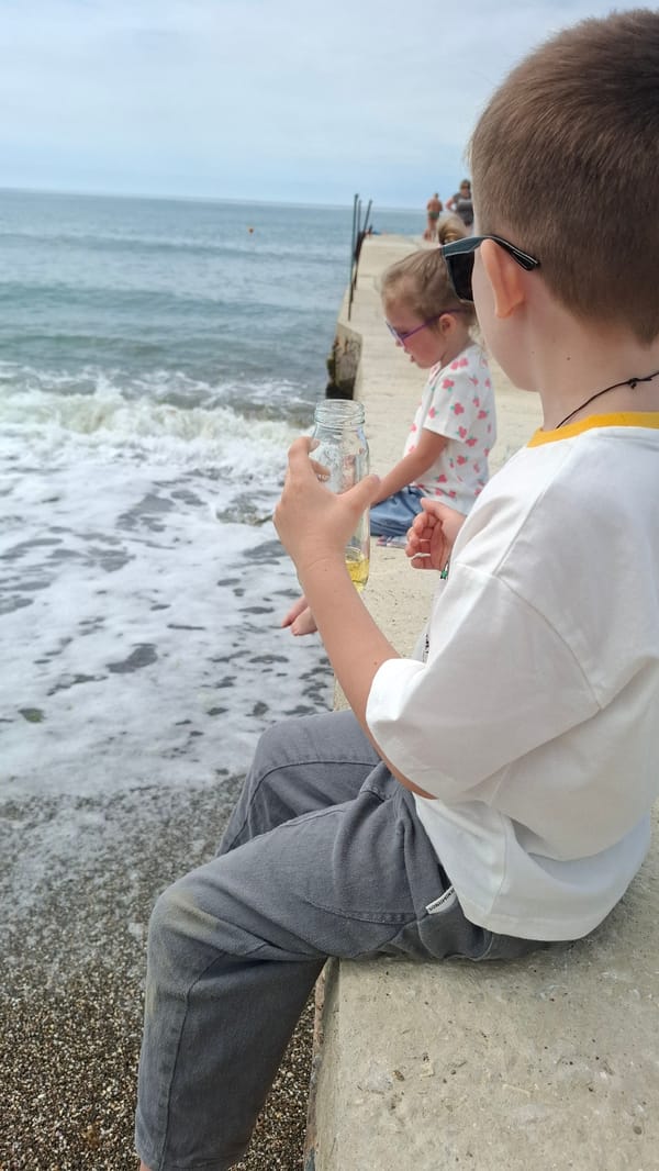 Family beach outing documented at coastal pier location
