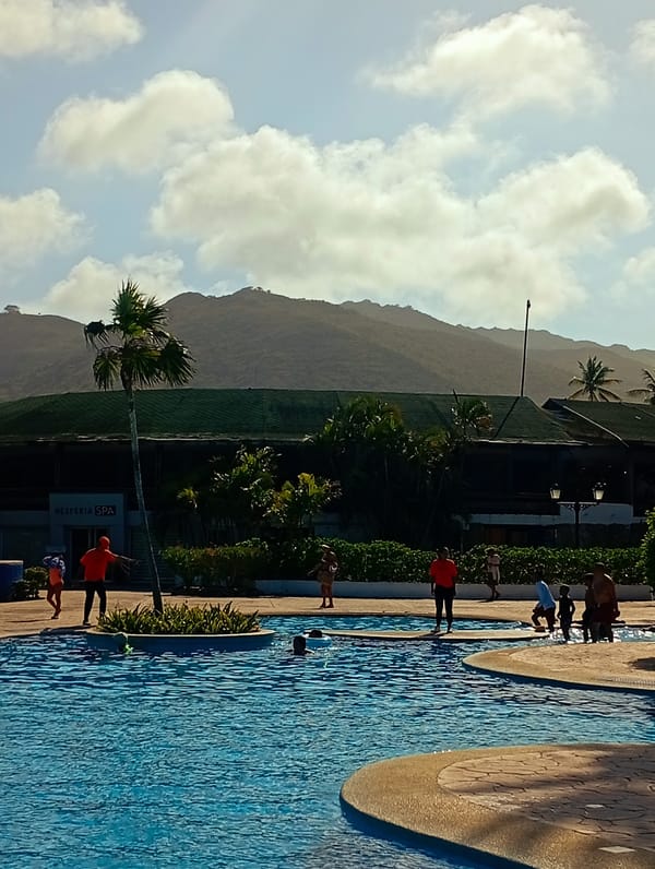 Resort guest documents pools and wildlife at Venezuelan beach