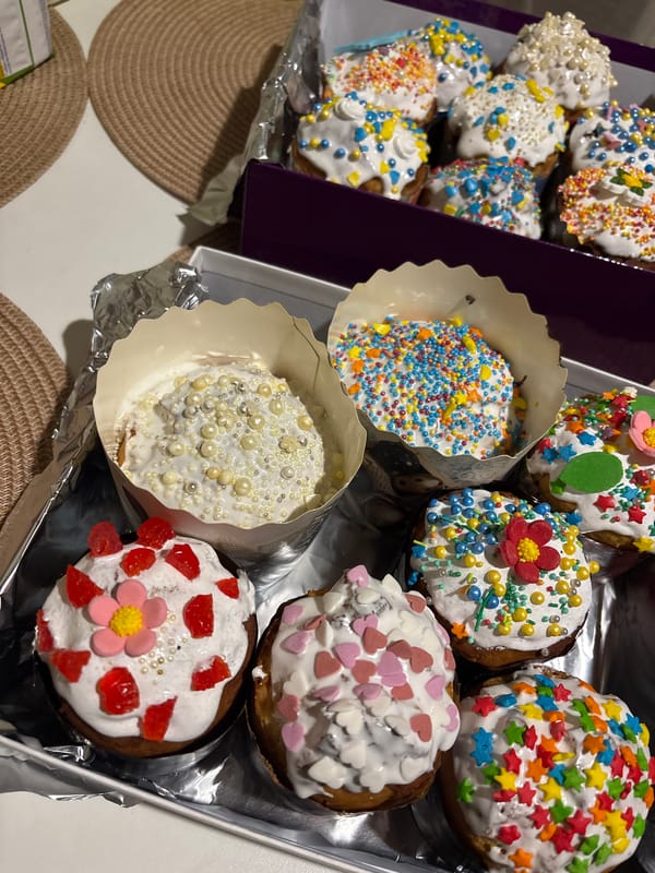 Easter cakes displayed in boxes in Pokotylivka, Ukraine