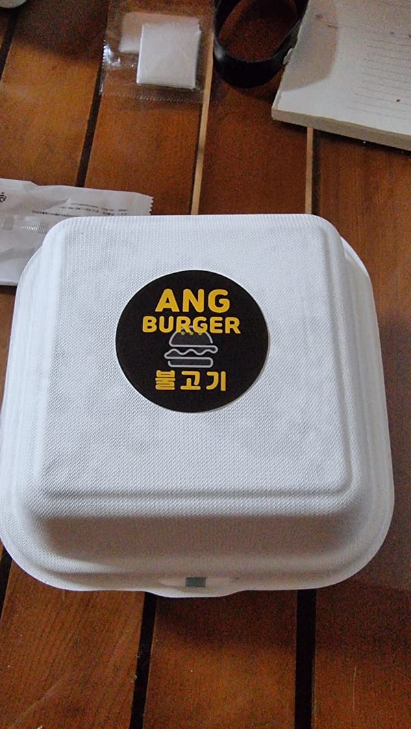 Person enjoys Ang Burger takeout meal in Dunnae-myeon