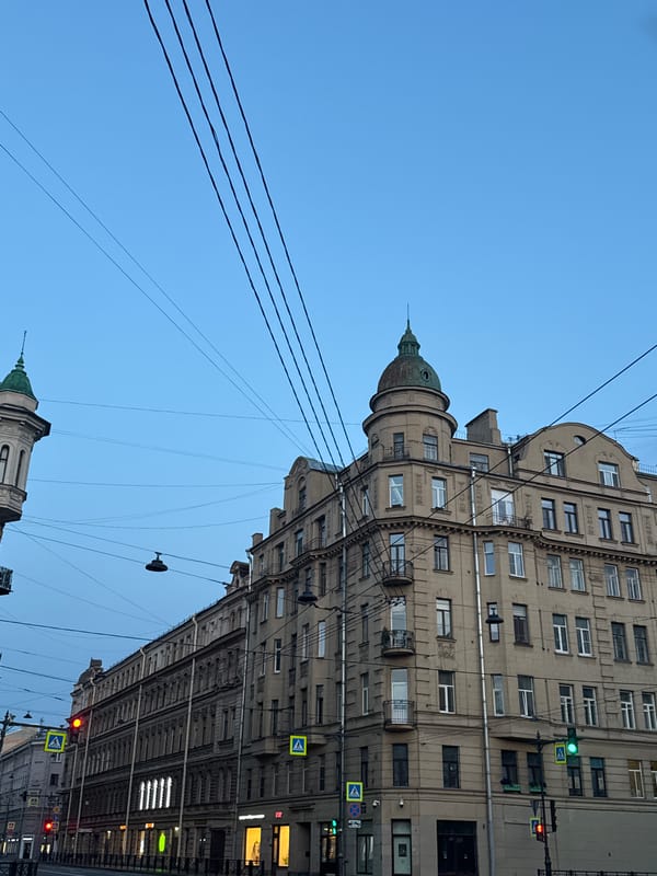 Saint Petersburg streets at twilight, wires and fading sky