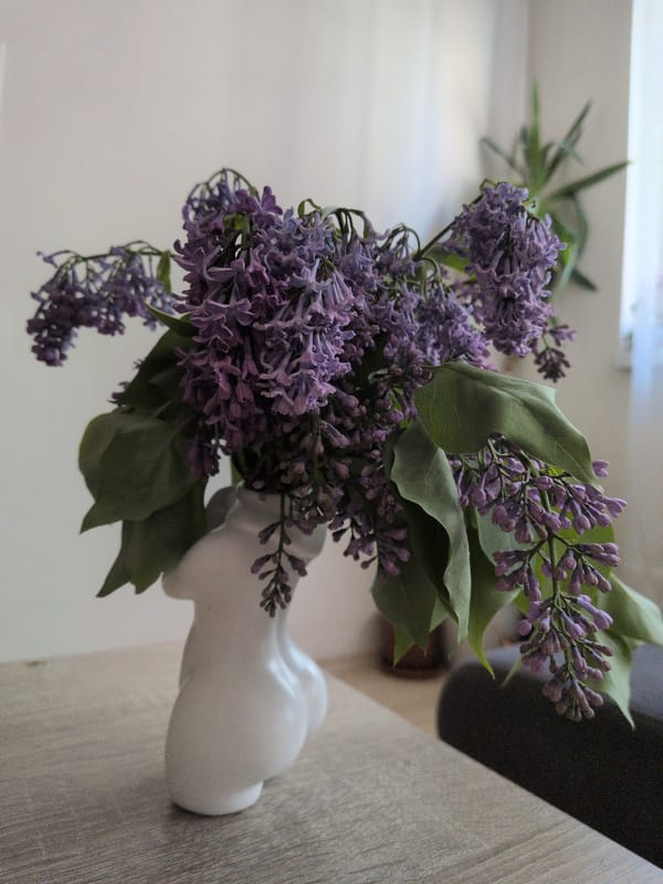 Purple lilac bouquet displayed in white abstract vase
