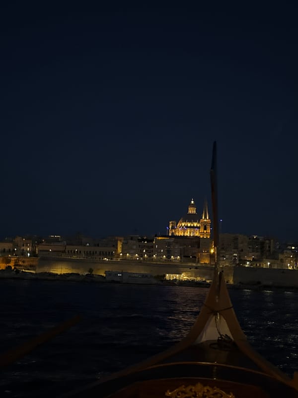 Malta's harbour coastline glows at night from the water