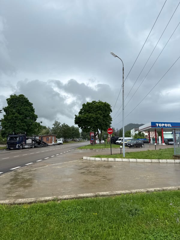Overcast morning documented at Berkovitsa gas station, Bulgaria