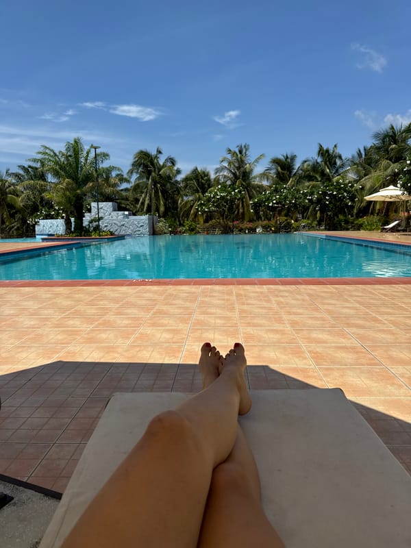 Poolside relaxation session captured in Vietnam early morning hours