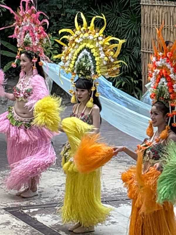 Elaborate outdoor performance with costumed dancers and elephants in Nong Prue
