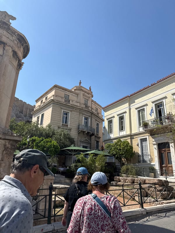 Sunny midday scenes captured across central Athens pedestrian areas