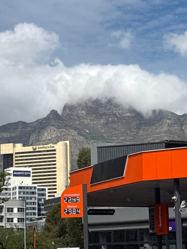 Table Mountain shrouded in clouds during Cape Town morning