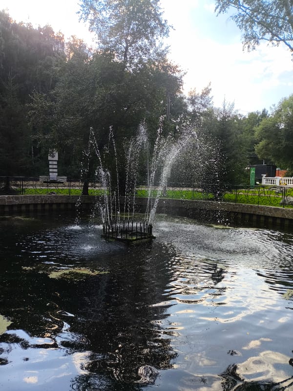 Soviet plane monument, fountain pond, and hollyhocks in a city park
