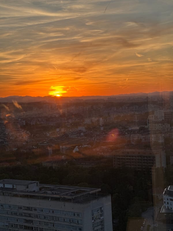 Sunset over Sofia captured from multiple high-rise vantage points