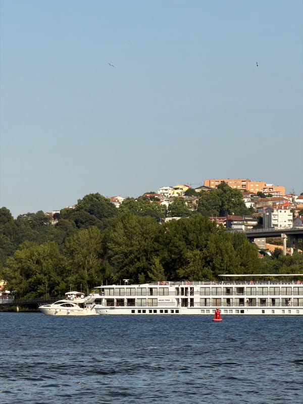 White yacht passes under Dom Luís I Bridge on the Douro