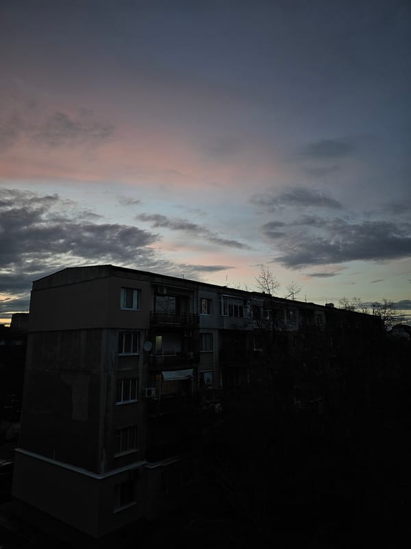 Dilapidated residential building documented at dusk in Plovdiv, Bulgaria