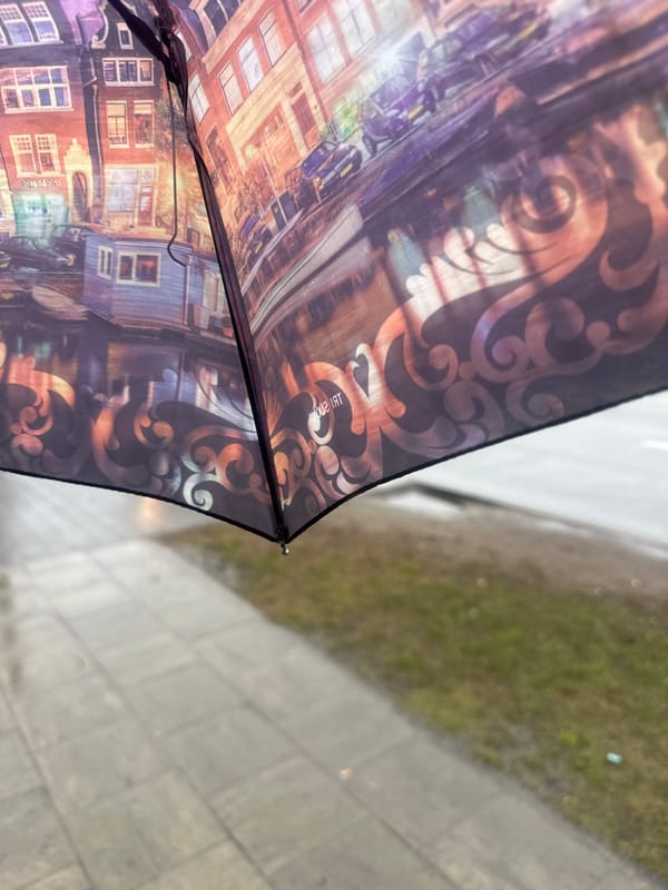 Person shelters under decorative umbrella during rain in Riga