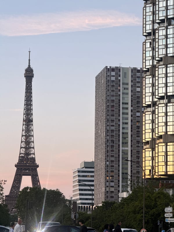 Eiffel Tower photographed at dusk in Paris