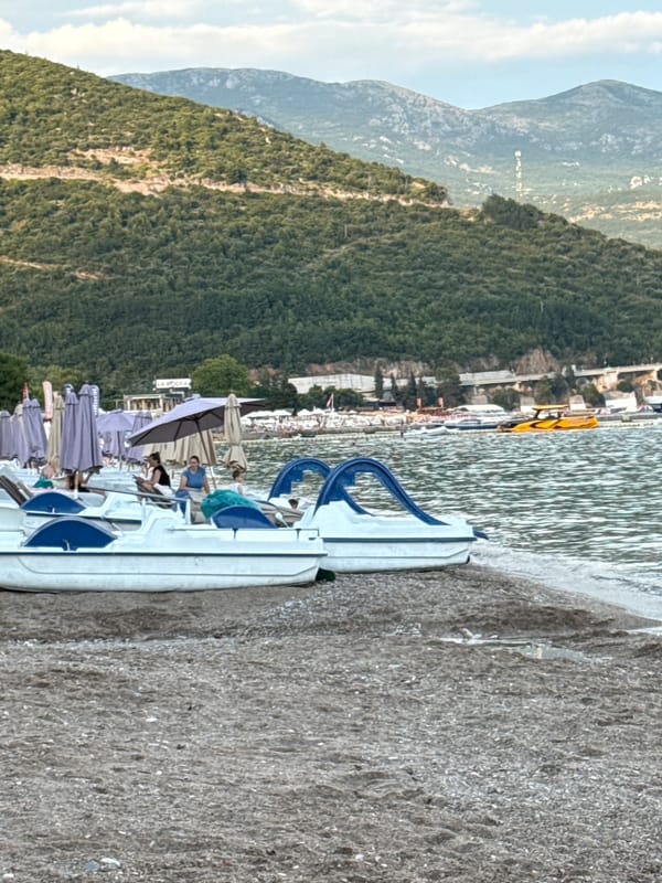 Budva's waterfront buzzing with beach and boat activity