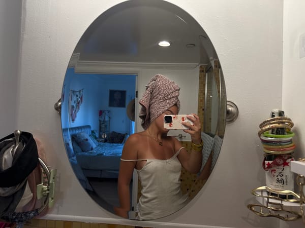 Woman takes bathroom mirror selfie in Los Angeles