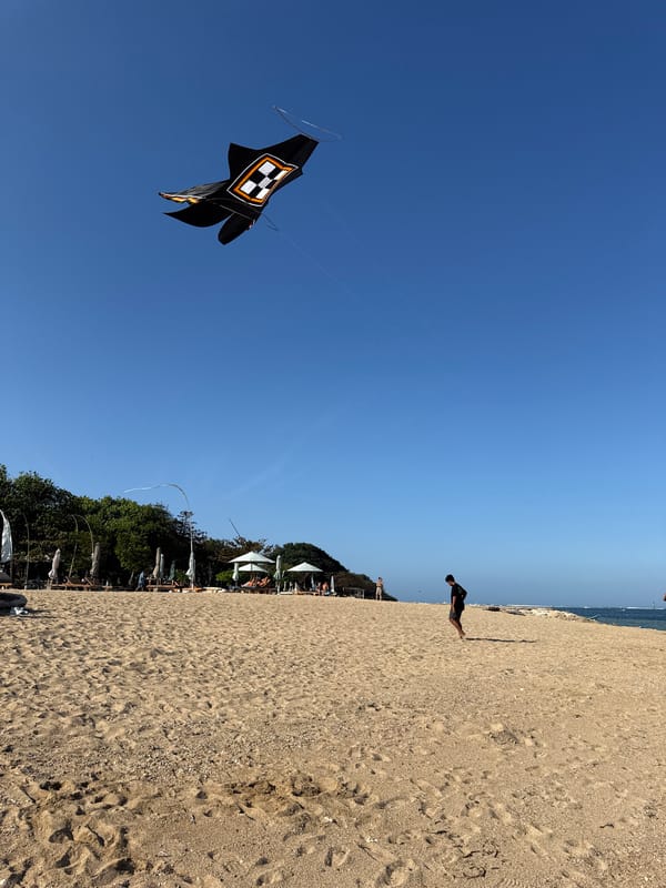 Kites, selfies, and fishing on a Denpasar beach morning