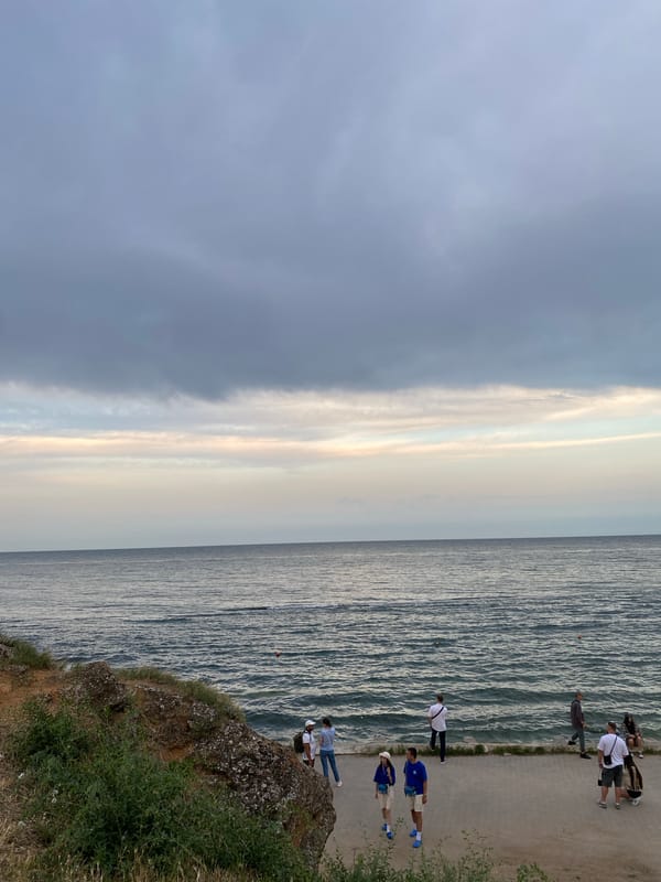 Waterfront at dusk: cliffs, coastline, and urban edges