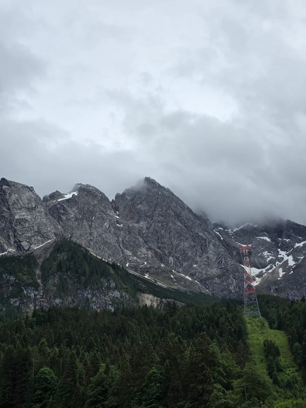 Tourist documents Zugspitze cable car area in overcast conditions