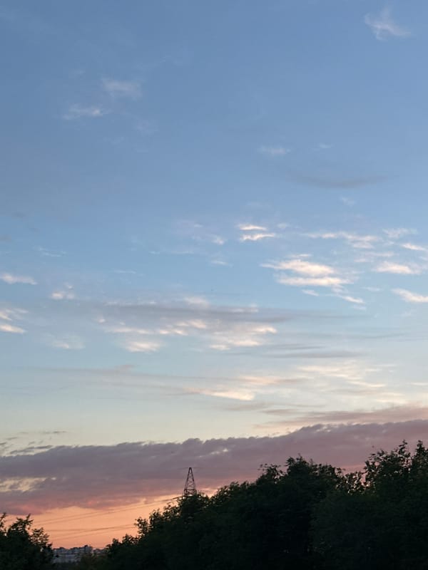 Sunset sky series tracking dusk light and clouds over an urban treeline