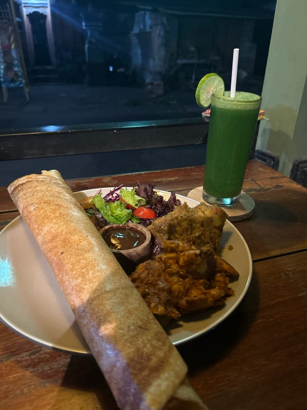 Food, streets, and quiet moments at a restaurant in Ubud