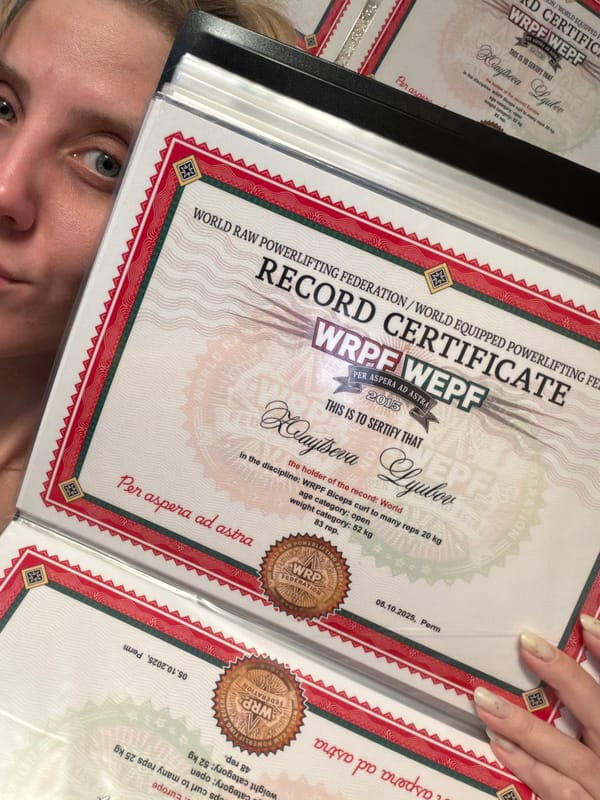 Russian powerlifter documents medals and achievements at home