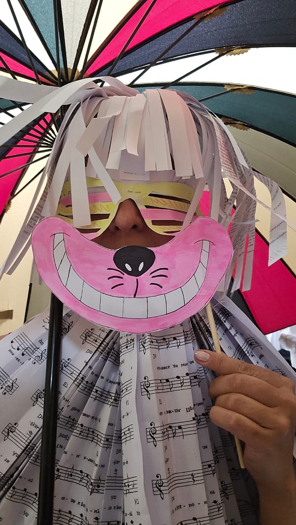 Costumed individuals spotted in handmade masks and paper accessories