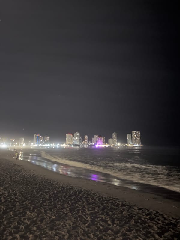 Nighttime beach scene with distant city skyline, lone figure observed
