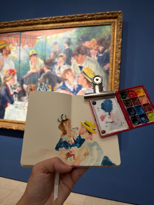 Browsing Impressionist paintings in Paris on a summer morning