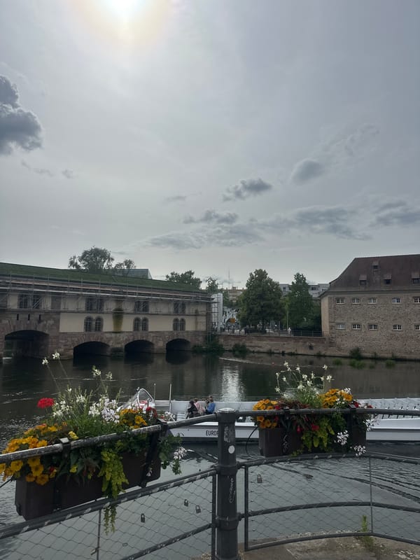 Tourist boats cruise Strasbourg's historic waterways on cloudy afternoon