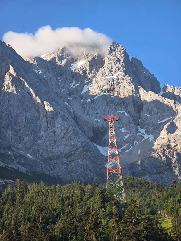 Zugspitze cable car and alpine peaks at dawn, Grainau