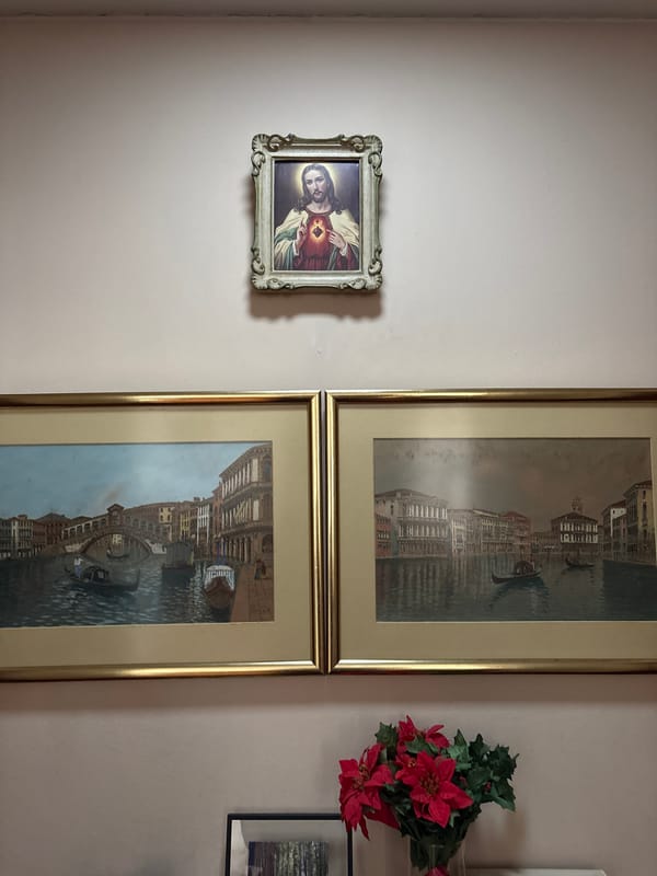 Religious artwork display observed on wall in San Isidro