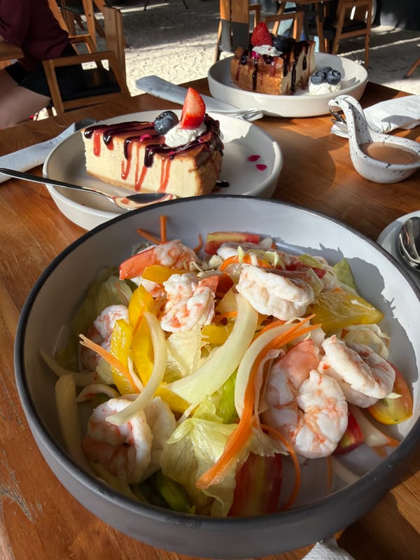Shrimp salad and cheesecake at a sunny Ko Samui café