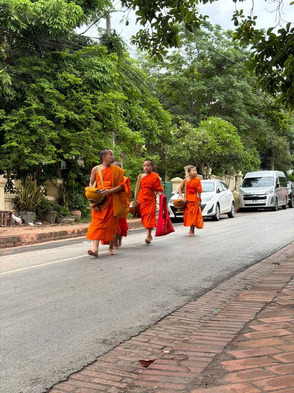 Morning alms procession on rain-slicked streets in Luang Prabang