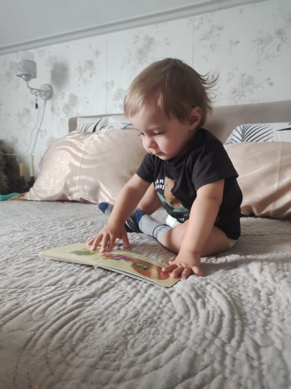 Morning domestic moments: toddler, woman, dog captured indoors