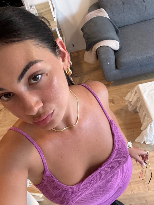 Mirror selfie and portrait, purple outfit, London bedroom