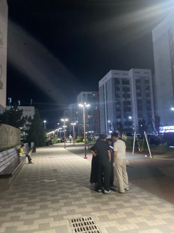 Street hockey and a dog walk on a quiet Almaty night