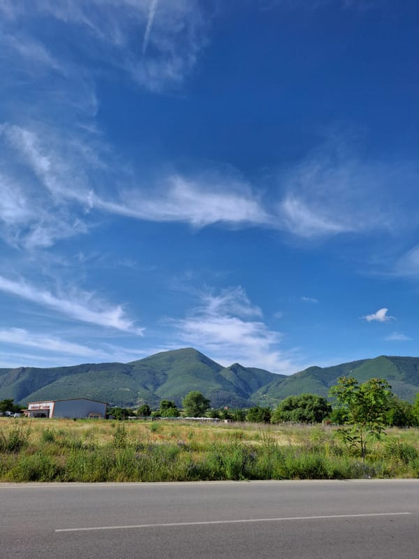 Morning mountain road scene documented in Gotse Delchev, Bulgaria
