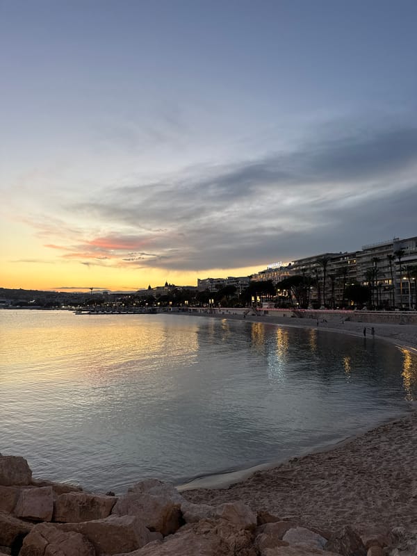 Cannes waterfront at dusk, from beach bars to marina