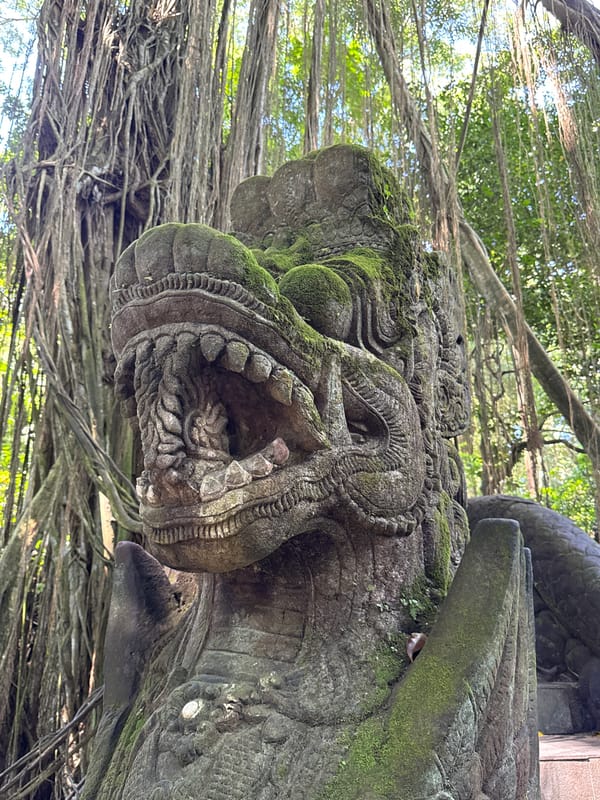 Inside Ubud's Monkey Forest: statues, banyan trees, and macaques