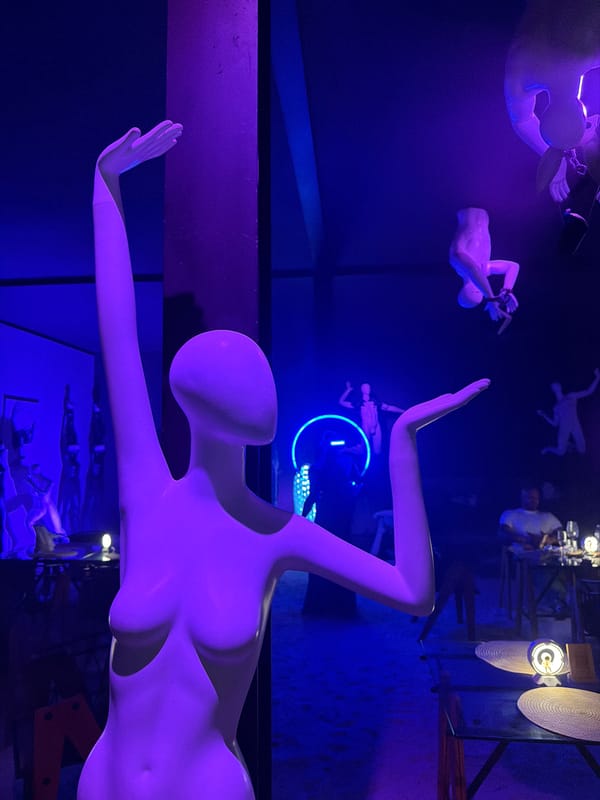 Futuristic beach foam party with astronaut performers and art installations