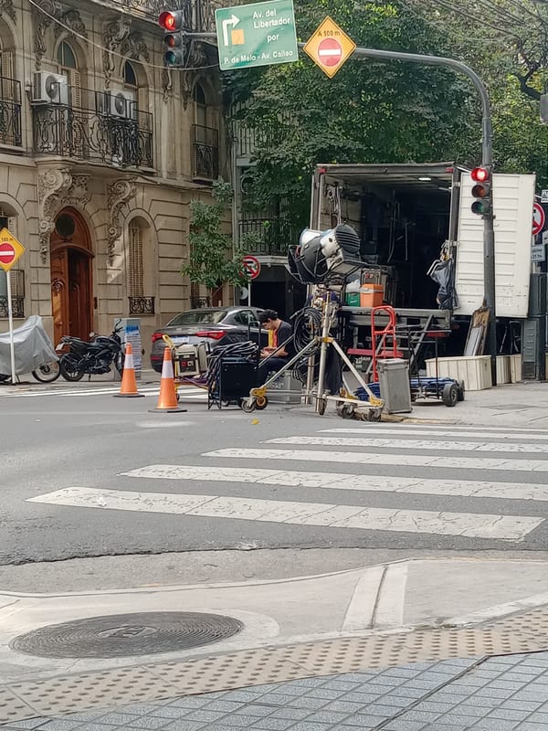 Film crew with mobile equipment observed on Buenos Aires street
