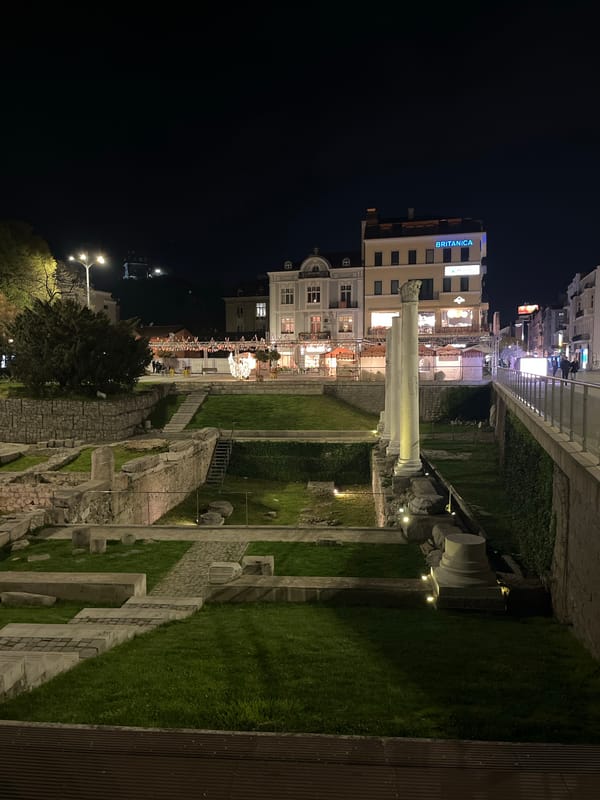 Easter displays and ancient ruins illuminate Plovdiv night