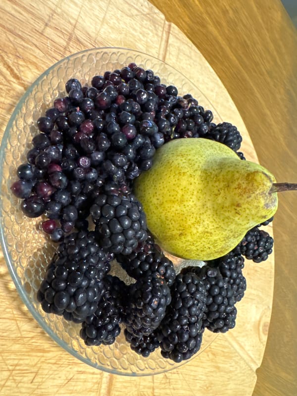 Fresh berries and pear in a glass bowl, Sofia