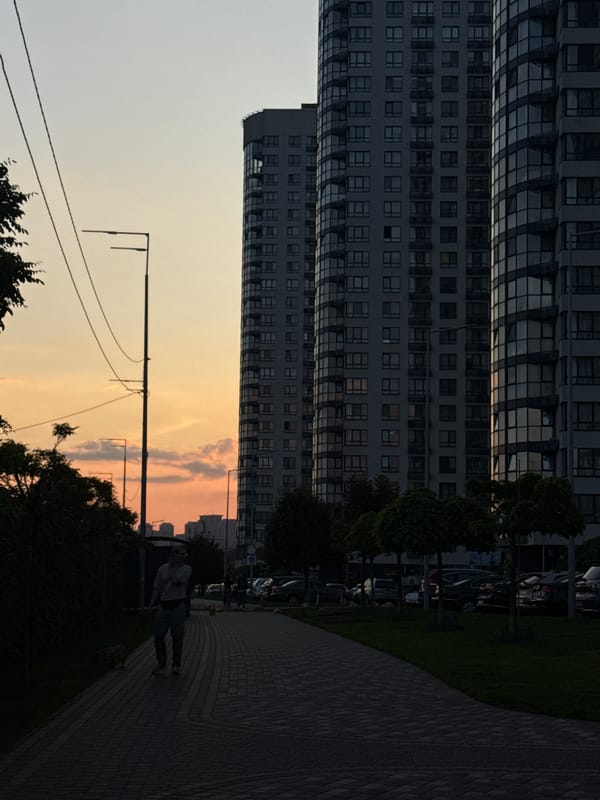 Evening scenes documented across Kyiv neighborhoods during golden hour
