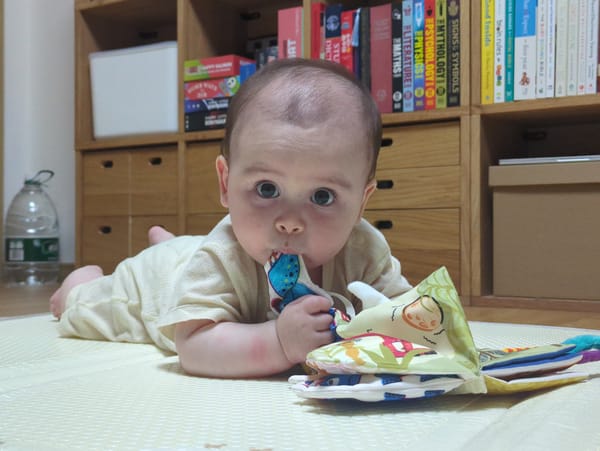 Mother and baby share reading time in Shunde District
