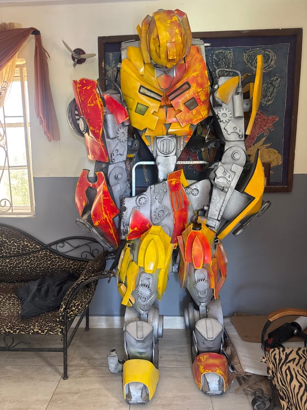 Transformer-style robot sculpture spotted partially assembled in Jos, Nigeria