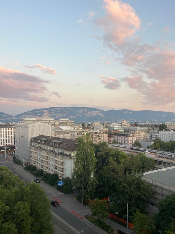 Geneva at dusk: streets, sculptures, and skyline