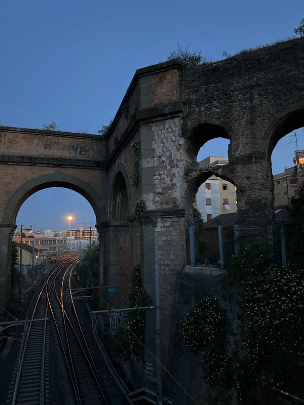 Rome twilight captured through ancient aqueducts and modern streets
